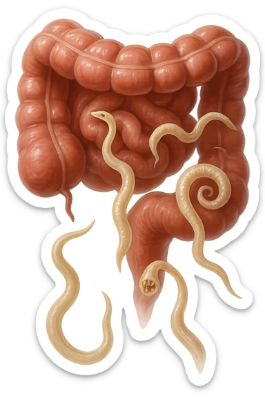 Realistic medical image of microscopic parasites leaving the intestines after taking natural kinesiological drops, symbolizing detox and cleansing. sticker