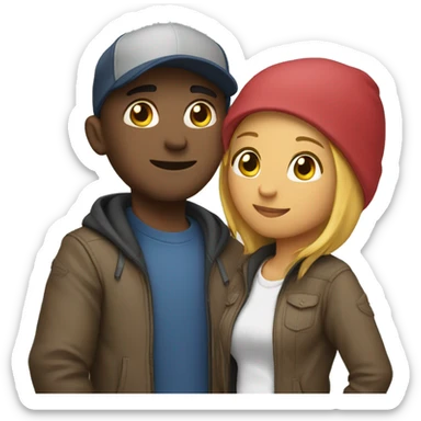 an couple, the man wearing cap and hoodie.  sticker