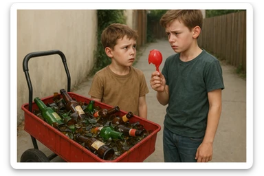 g'ildiragi singan ichimliklar ortilgan arava bir baloni singan uni yonida aka uka havotirli nigoh bilan bir biriga qarab turishibdi realistik qilib ber sticker