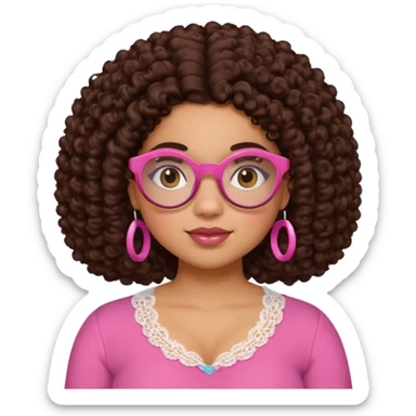 medium-light kinned afro-latina girl with medium length chocolate brown side part curly hair, brown glasses, brown eyes, pink sweetheart necklined top with lace, round wide-ish nose, chubby oblong face sticker