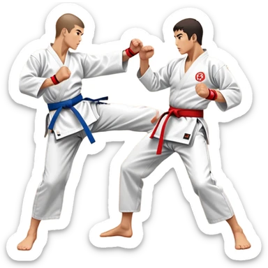 Two karate fighters in traditional gi sparring. One executes a high kick aimed at the opponent’s head, while the other blocks with a strong hand defense. The background features a classic dojo with wooden flooring and banners. Dynamic motion and focused expressions. Transparent background. sticker