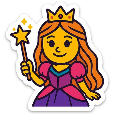 cartoon-style princess emoji with long hair, wearing a golden crown, smiling softly, dressed in a royal gown, holding a magic wand, vibrant toon style sticker
