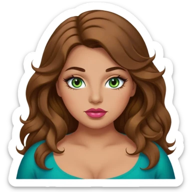 Girl girl long wavy brown hair, green/blue/gold eyes, plus size, thick eyelashes, tan skin, rose lips sticker