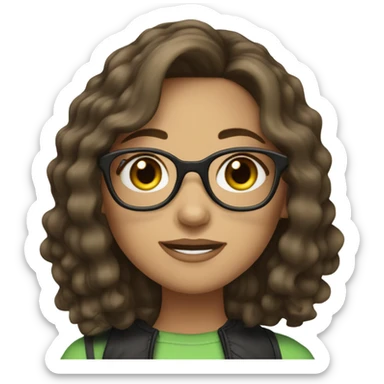 Girl with Longbob wavy dark Brown Hair and highlights in front of the hair and she wears glasses and has green eyes sticker