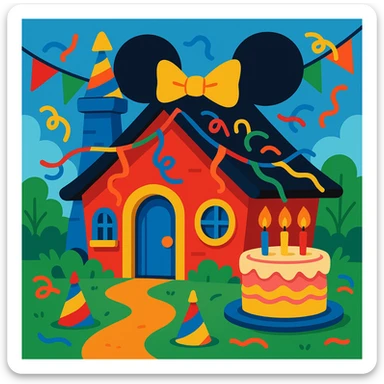 Whimsical Mickey Mouse house for a birthday, with cake, streamers, and party hats sticker