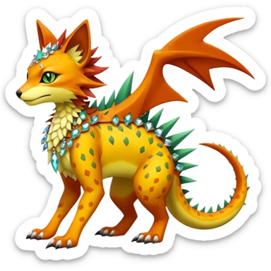 Kawaii cute reddish orangish yellowish greenish exotic tropical beautiful pretty elegant divine edgy feline-vernid-sergal-Fakémon-Pokémon-Digimon-fursona-animal-creature with accessories, jewelries, full body, with intricate detailed markings, spikes, crystals, fins, scales, spiny sticker