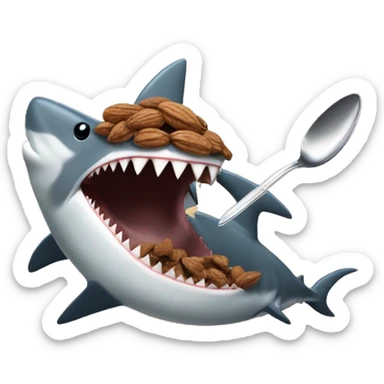 A shark trying to crack open a walnut with a tea spoon sticker