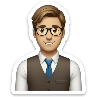 Young brown haired white man with glasses at his first job sticker