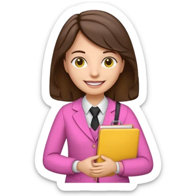 Teacher emoji but : wavy black volume brown hair, light western skin, no glasses, dark eyes, with a computer folder in the hand (color is yellow), being a teacher, wearing pink backpack but wear a teacher formal outfit, smile with teeth







 sticker