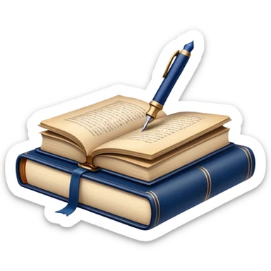 Create a vibrant emoji representing prose writing. The design should feature an open book with pages showing unfinished prose, a classic fountain pen or quill with black or dark blue ink, and an antique inkwell next to it. The pages should have visible lines of text, but some should remain unfinished, symbolizing the creative process. Use warm, earthy tones like brown, gold, and cream for the book and background, with the ink and pen in black or dark blue. The emoji should convey the idea of storytelling, creativity, and the unfinished nature of literary work. Make the background transparent. sticker