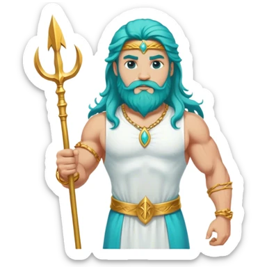 Muscular turquoise colored long hair  and beard man white dress gold bracelet holding trident sticker