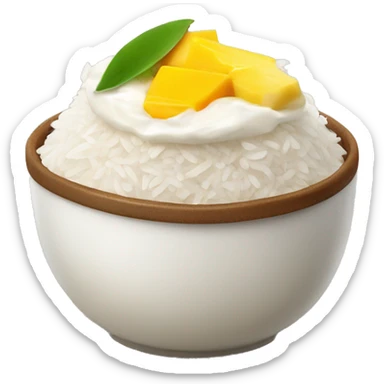 rice with milk cream on it and mango sliced aside sticker