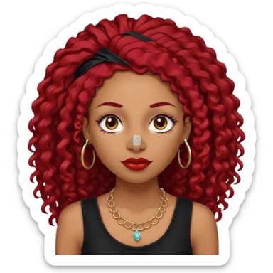 light-skinned black girl with very long eyelashes with long curly dark red hair with edges wearing a black top with no sleeves. and a red accessory on her head with nose and mouth piercings and is a baddie and looks like a bad girl. sticker