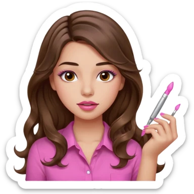 girl with long wavy brown hair, brown eyes, light to medium complexion, in a pink shirt, pink lips, long lashes, puckered lips, showing off painting long nails sticker