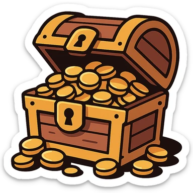 flat design style game icon of a treasure chest with gold coins spilling out, clean lines, vibrant colors, modern look sticker