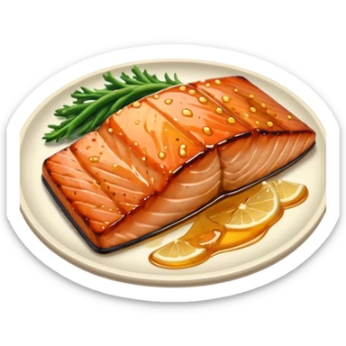 create a Honey Glazed Salmon

Camera angle: slightly elevated top-down view with a gentle bird’s-eye perspective (about 15–20°), identical perspective and scaled do not add anything  on plate  sticker