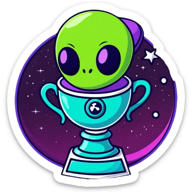An alien trophy award with swirling cosmic colors, deep space nebula hues, and star patterns sticker