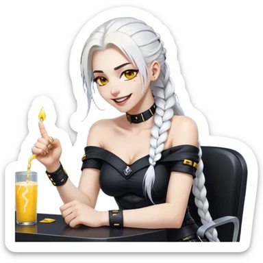 she is laughing the hardest and pounding her fist on the table, a closeup portrait of young woman with gold yellow eyes, white hair, long braid, black off-shoulder top, punk gothic style, futuristic cyberwave cyberpunk, sitting position
 sticker