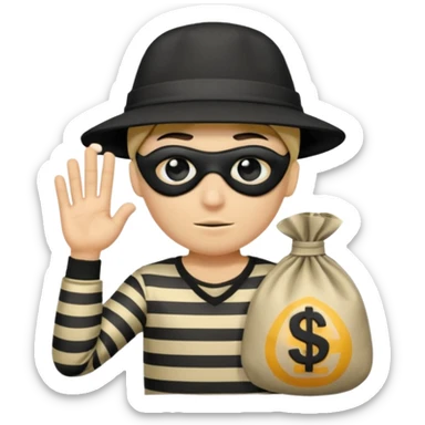 Cartoon-Räuber mit schwarzer Augenmaske, gestreiftem Shirt, schwarzer Mütze und einem Geldsack mit $-Zeichen. sticker