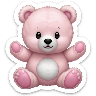 a fluffy toy teddy with a light pink colored shell and ears and a big white face and round bear feet, with a cute black closed eyes and mouth sticker