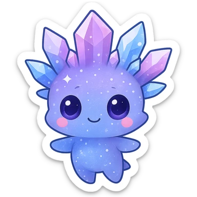Create a kawaii chibi crystal sprite creature floating, colored purple, blue, and pink. The creature should be cute and sparkly with a small body. Remove the background. sticker