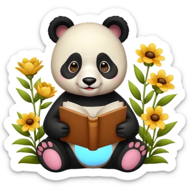 beige panda reading books + flowers sticker