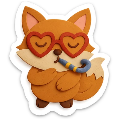 Add another hand to the baby fox, making the pose look natural and cute. Keep the heart glasses, party horn, and maintain the paper-craft style and color palette. sticker
