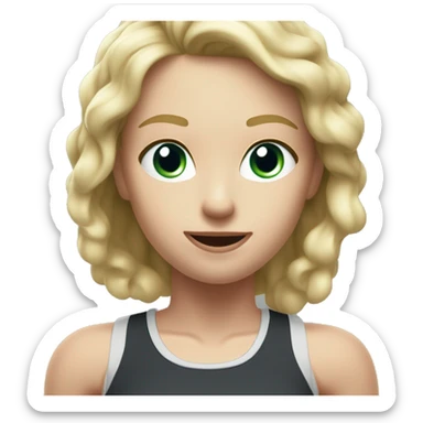 Close up Actively gesturing  with hands Pale skinned Fit woman With the biceps and blonde hair in dark gray Sleeveless Mike, black sports shorts, watch and white Sneakers sticker