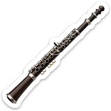 Create an elegant and detailed emoji representing a black oboe with a reed. The design should showcase the sleek, dark wood finish of the oboe, with the metal keys clearly visible. The reed should be delicately placed at the top of the instrument, emphasizing its essential role in producing sound. Add subtle details like the silver or brass accents on the keys to reflect the high-quality craftsmanship of the instrument. Use deep black, silver, and wood tones for the oboe to capture its sophisticated appearance. The background should be transparent. sticker