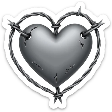 Minimal black line art heart made from barbed wire, hand-drawn sketch look, uneven ink strokes, 6–7 barbs with twisted knots, simple clean outline, centered on plain white background, high contrast sticker