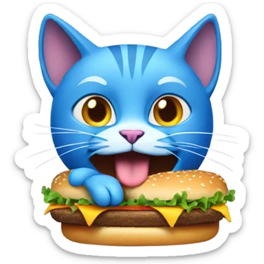 A blue cat which is eating a hamburger sticker