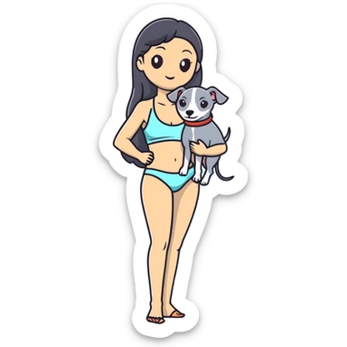 Slim Chinese woman with long black hair in appropriate pool attire at an indoor swimming pool with her Italian greyhound that is COMPLETELY solid grey, with absolutely NO white markings anywhere, single uniform grey color throughout entire dog body sticker