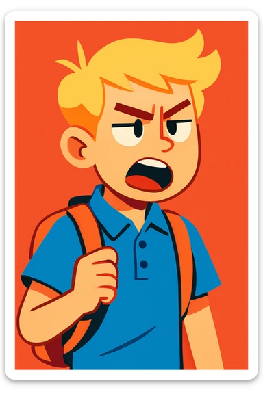 school student boy with light hair, irritated and disliking something, mouth open as if saying something, modern illustration style sticker