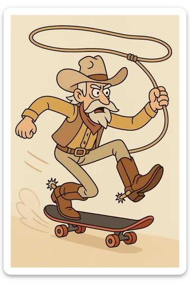 grizzled old cowboy on skateboard, lasso in hand, boots and spurs, energetic action sticker