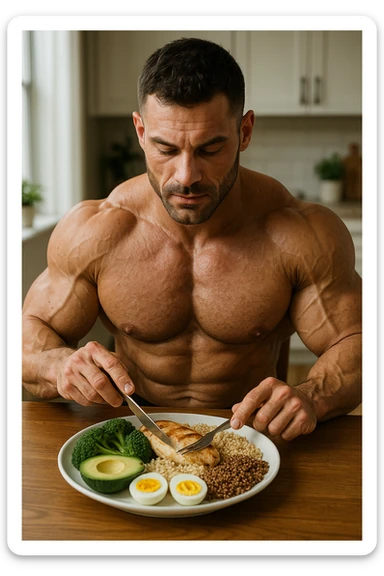 realistic scene of a bodybuilder at table consuming a balanced meal for muscle growth, typical foods for hypertrophy diet, sculpted physique, 2:3 aspect ratio sticker