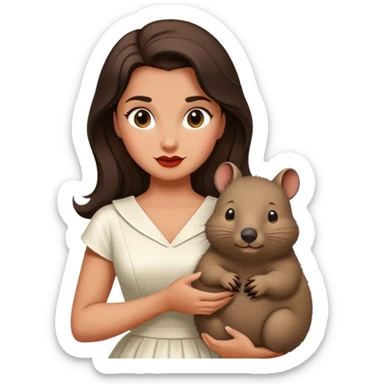Beautiful woman in 1950’s woman fashion look, white dress, long dark brown hair, wombat sticker