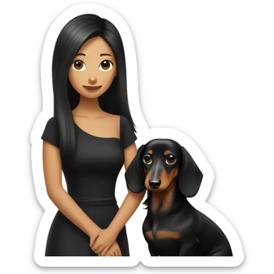 Long-haired dachshund with black-haired Asian girl wearing black dress sticker