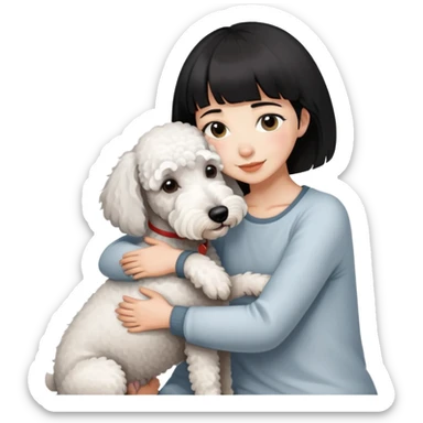 A girl with short black hair and bangs happily hugs a white Bedlington terrier sticker