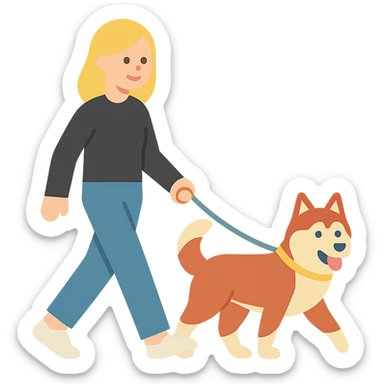 Cute Blonde woman wearing a black sweater and jeans and white sneakers walking a happy red-brown blue-eyed Siberian husky in New York City on an upper east side city sidewalk  sticker