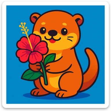 a cute otter holding a hibiscus flower, vibrant colors, cartoon style sticker
