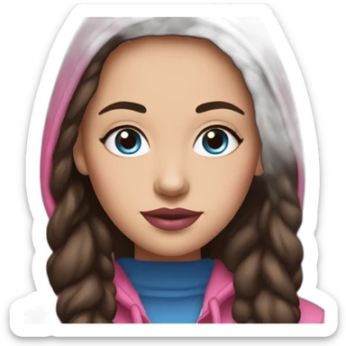 Women with long dark brown hair and blue eyes with pink cheeks and pink lips and thick dark brown eyebrows wearing a hoody sticker