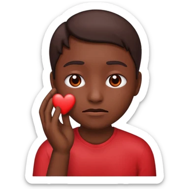 A red emoji that is sad and has a hand making a heart sticker