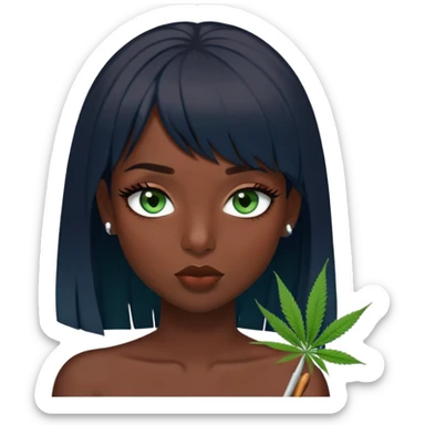 девушка с темными зелено синими глазами и с пышными нарощенными ресницами в черном бандо топе с темно рыжими прямыми волосами короткой челкой до бровей по бокам лица и ровным пробором курит марихуану sticker
