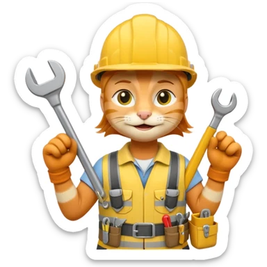 orange tabby cat wearing yellow hard hat holding tiny wrench, standing upright with tool belt, 3D emoji style sticker