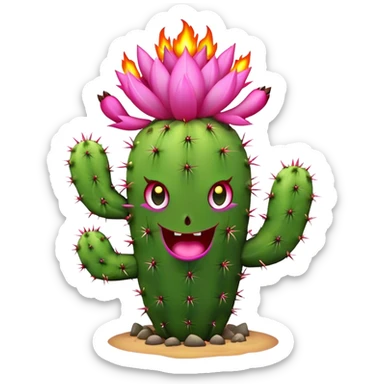 Burning cactus with pink flowers and a crazy face sticker