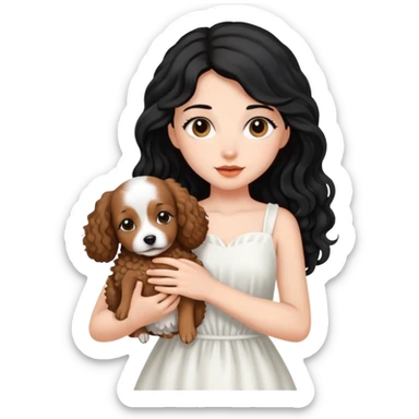 beautiful girl with long black hair in a white dress holding a small brown curly-haired dog sticker