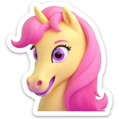 close-up face of pastel yellow pony with pink mane, big teal eyes, shy smile sticker