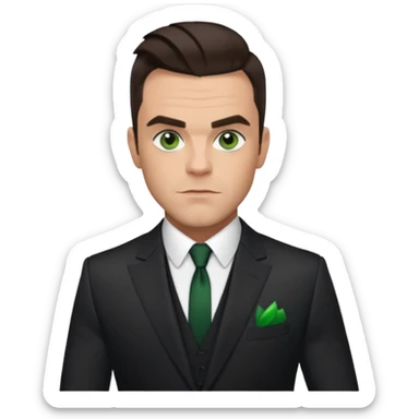 Robbie Williams with dark brown hair, green eyes, suit sticker