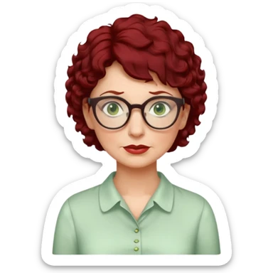 create an emoji of an adult woman with wrinkles and glasses, she has extremely short curly dark red hair, green eyes and a white vintage blouse sticker
