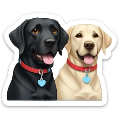 2 happy adult black labradors, one has a red collar, one has a light blue collar,side by side. sticker